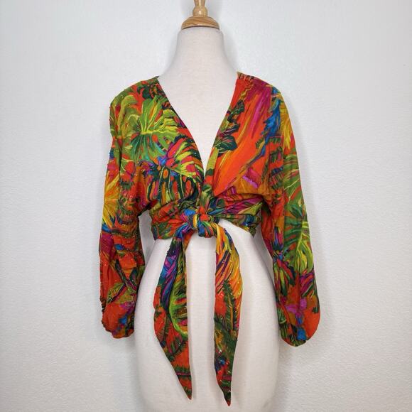 Farm Rio Womens Urgan Jungle Tie-Front Top Size M Colorful Tropical Resort Beach - Picture 9 of 16